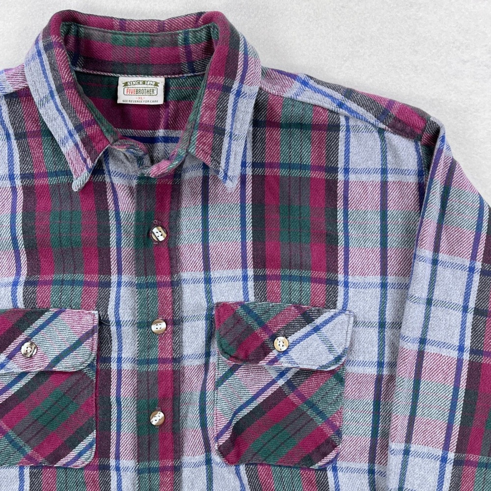 Vtg Five Brother Mens XL Flannel Shirt Purple Green Grey Plaid Heavyweight